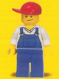 LEGO cty0320 Overalls Blue over V-Neck Shirt, Blue Legs, Red Short Bill Cap, Crooked Smile