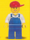 LEGO cty0321 Overalls Blue over V-Neck Shirt, Blue Legs, Red Short Bill Cap, Open Mouth Smile